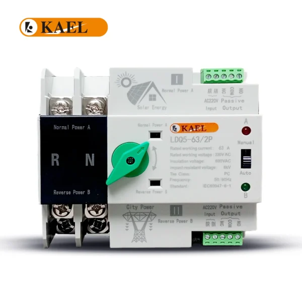 KAEL LDQ5-63/2P Green Nob AC Single Phase Din Rail 220V Dual Power Automatic Transfer Switch ATS