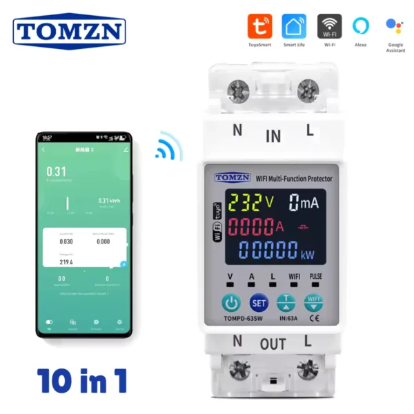 Tomzn TOMPD 63SW- 63A WIFI Protector with voltage current and leakage protection Mini 10in1 - Image 3