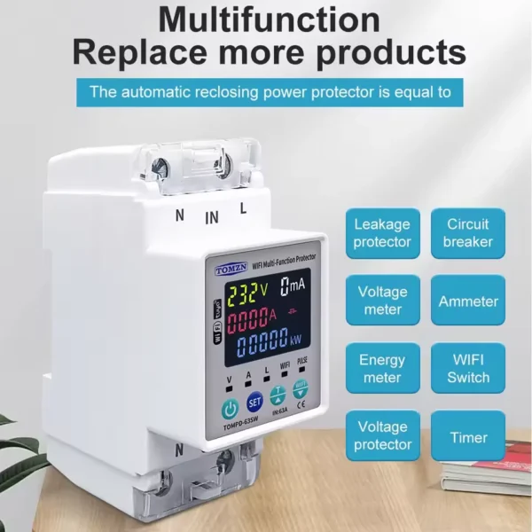 Tomzn TOMPD 63SW- 63A WIFI Protector with voltage current and leakage protection Mini 10in1 - Image 2